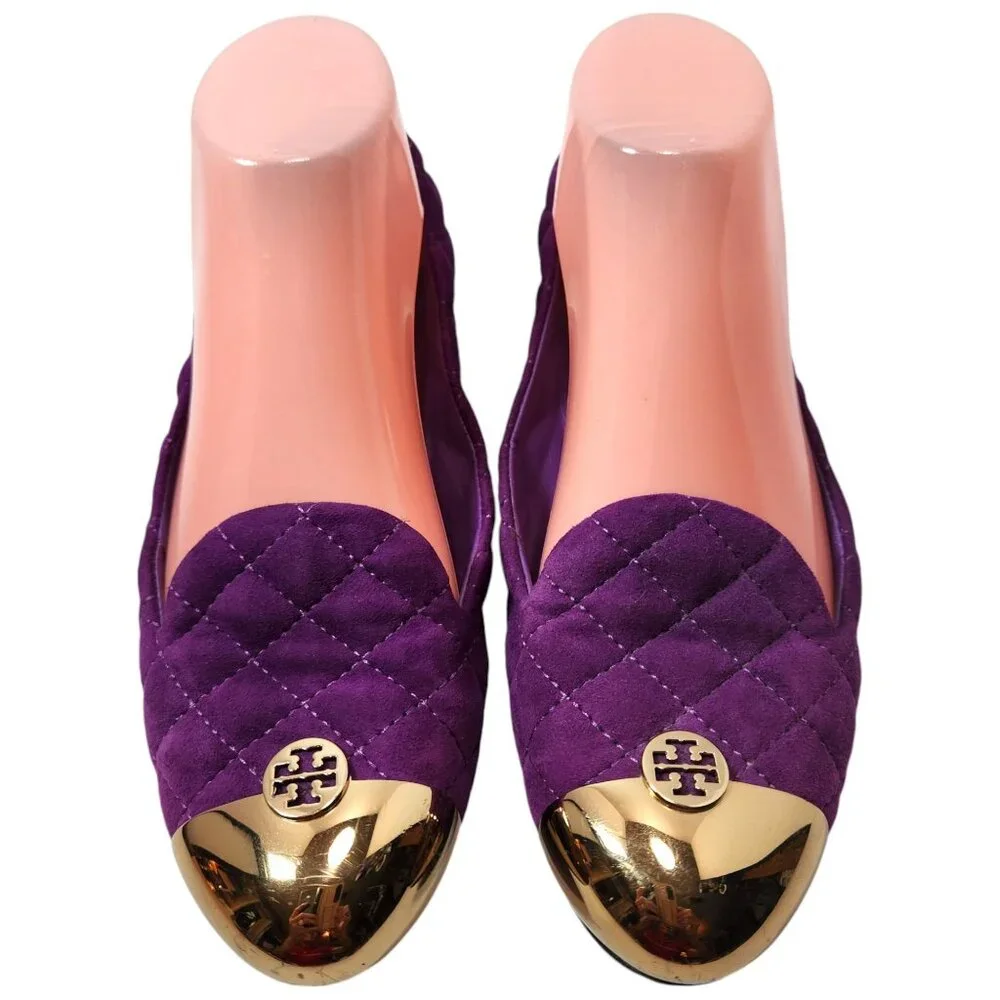 Tory Burch Quilted Purple Suede Flats with Gold Cap Toe